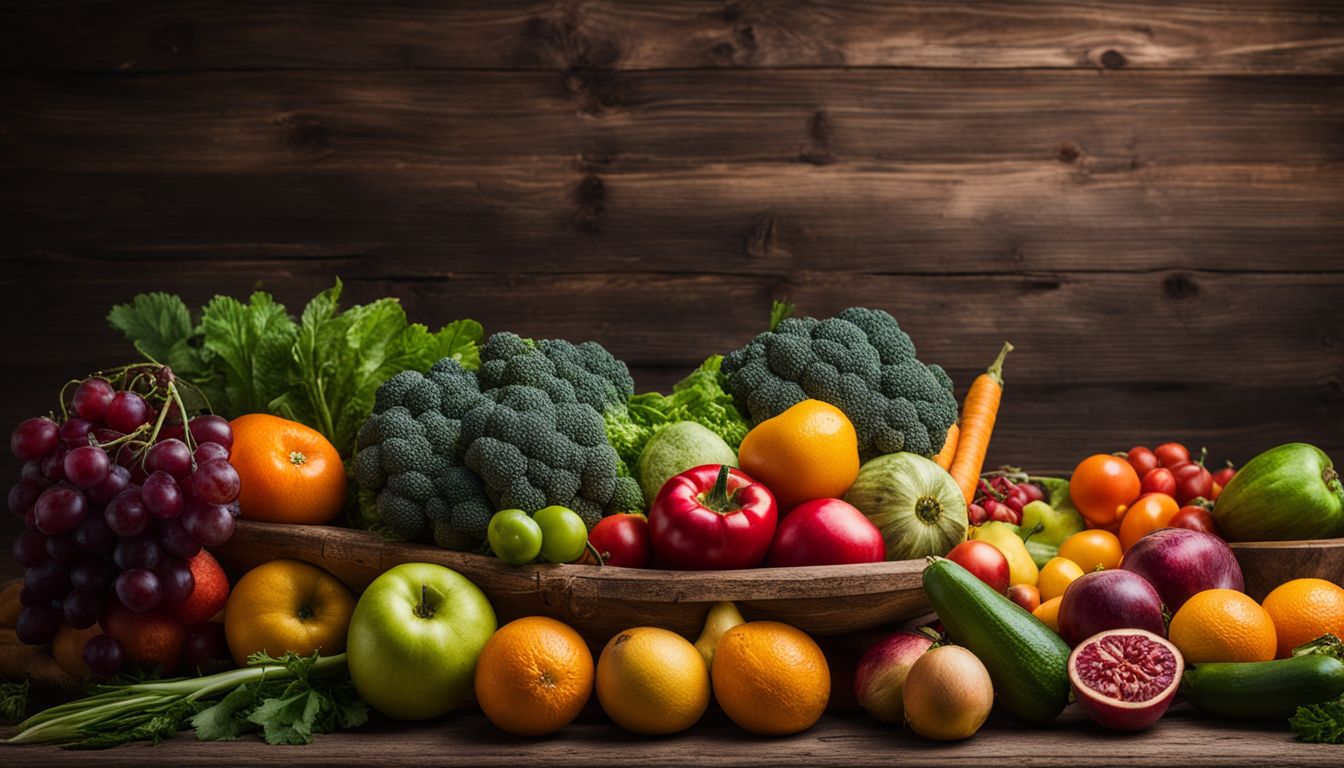 Een kleurrijke assortiment van vezelrijke fruit en groenten op een rustieke houten tafel.