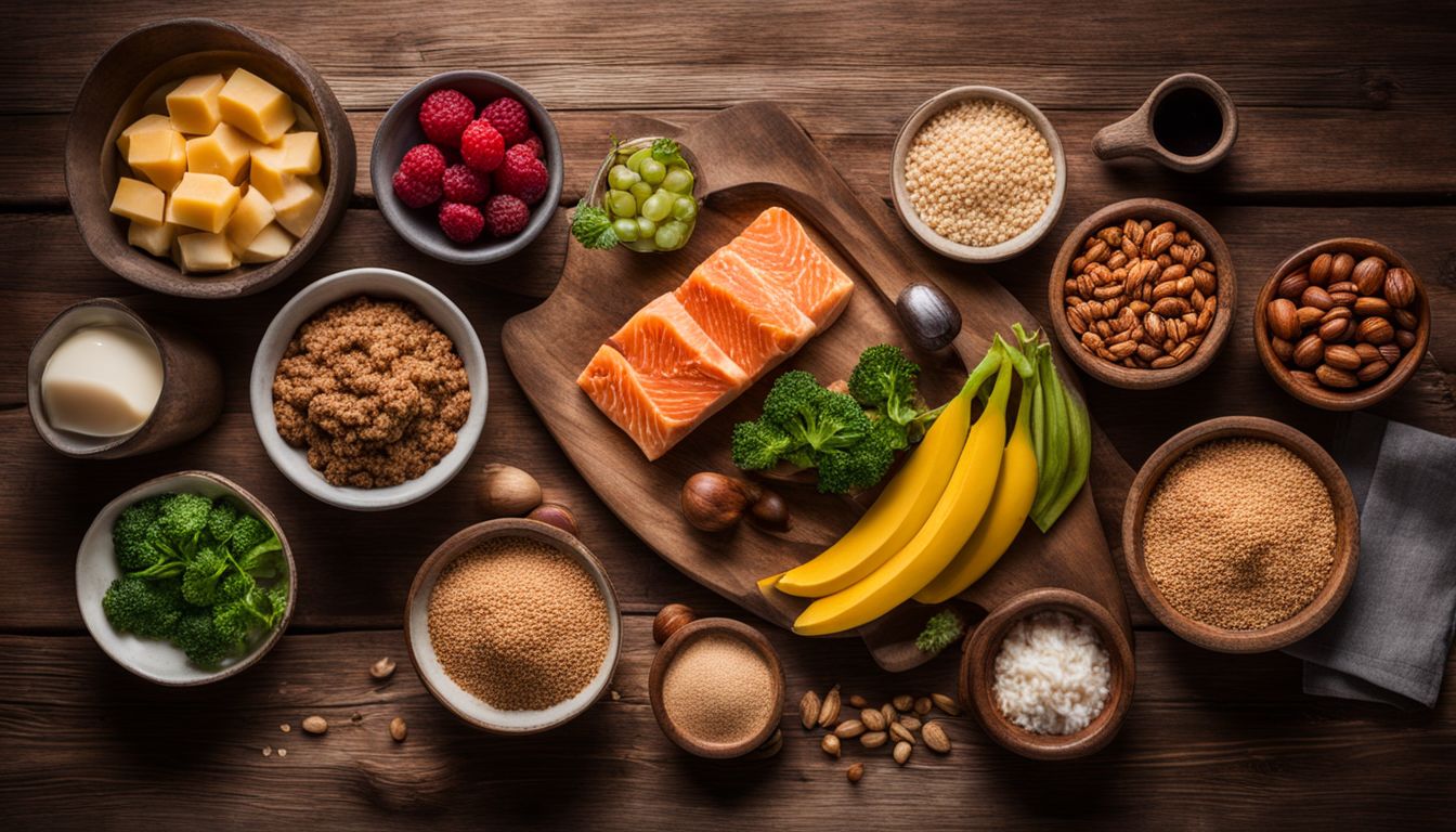 Een foto van verschillende eiwitrijke voedingsmiddelen op een houten tafel.