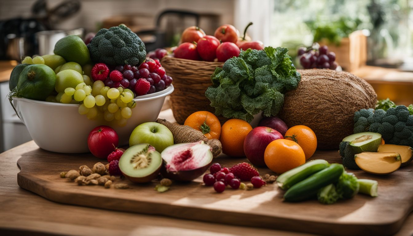Een tafel vol vezelrijke fruit- en groentesoorten in een heldere keuken.