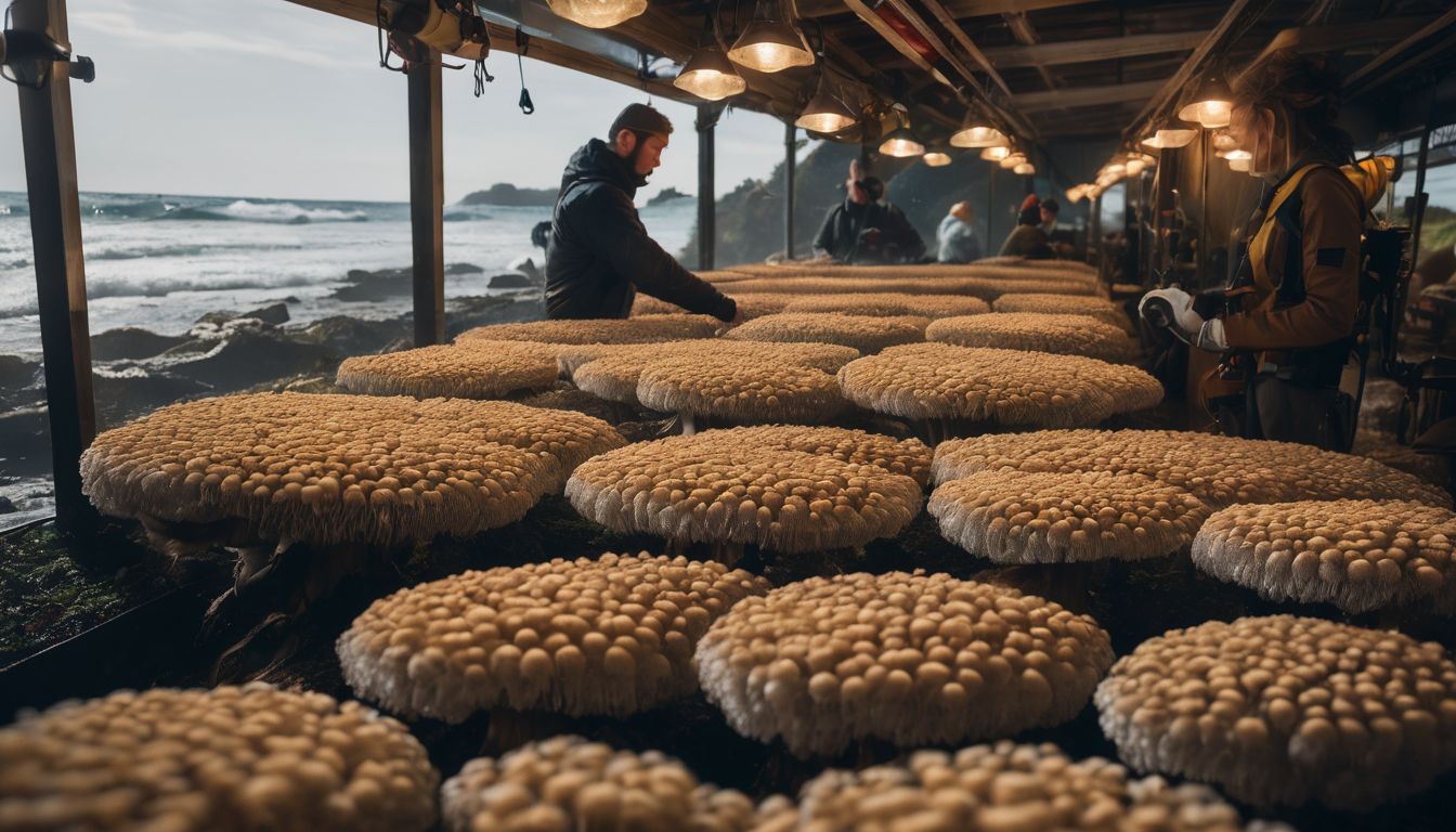 A person inspecting a bed of Tidal Wave Mushrooms surrounded by cultivation equipment.