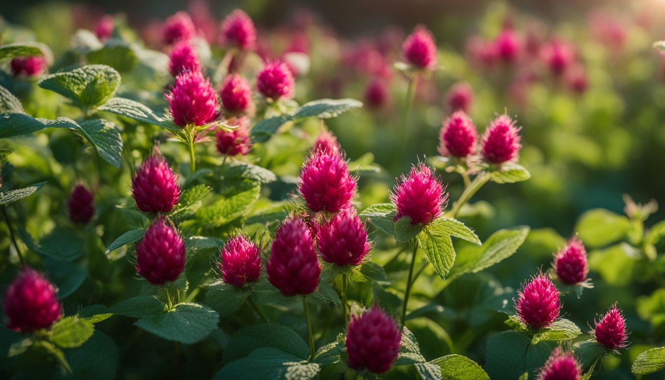 A photo featuring a healthy raspberry plant surrounded by Crimson clover and peas.
