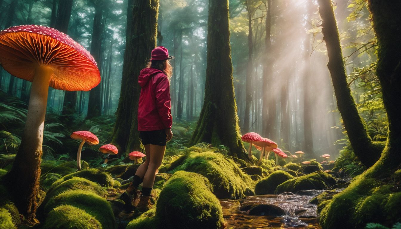 A person exploring a vibrant, surreal forest filled with unique mushrooms.