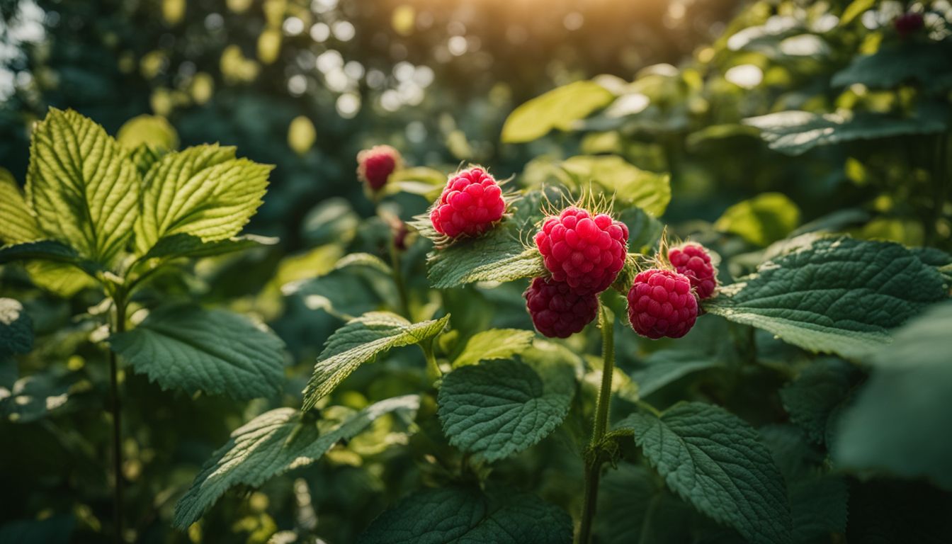 A raspberry bush surrounded by companion plants in a garden.