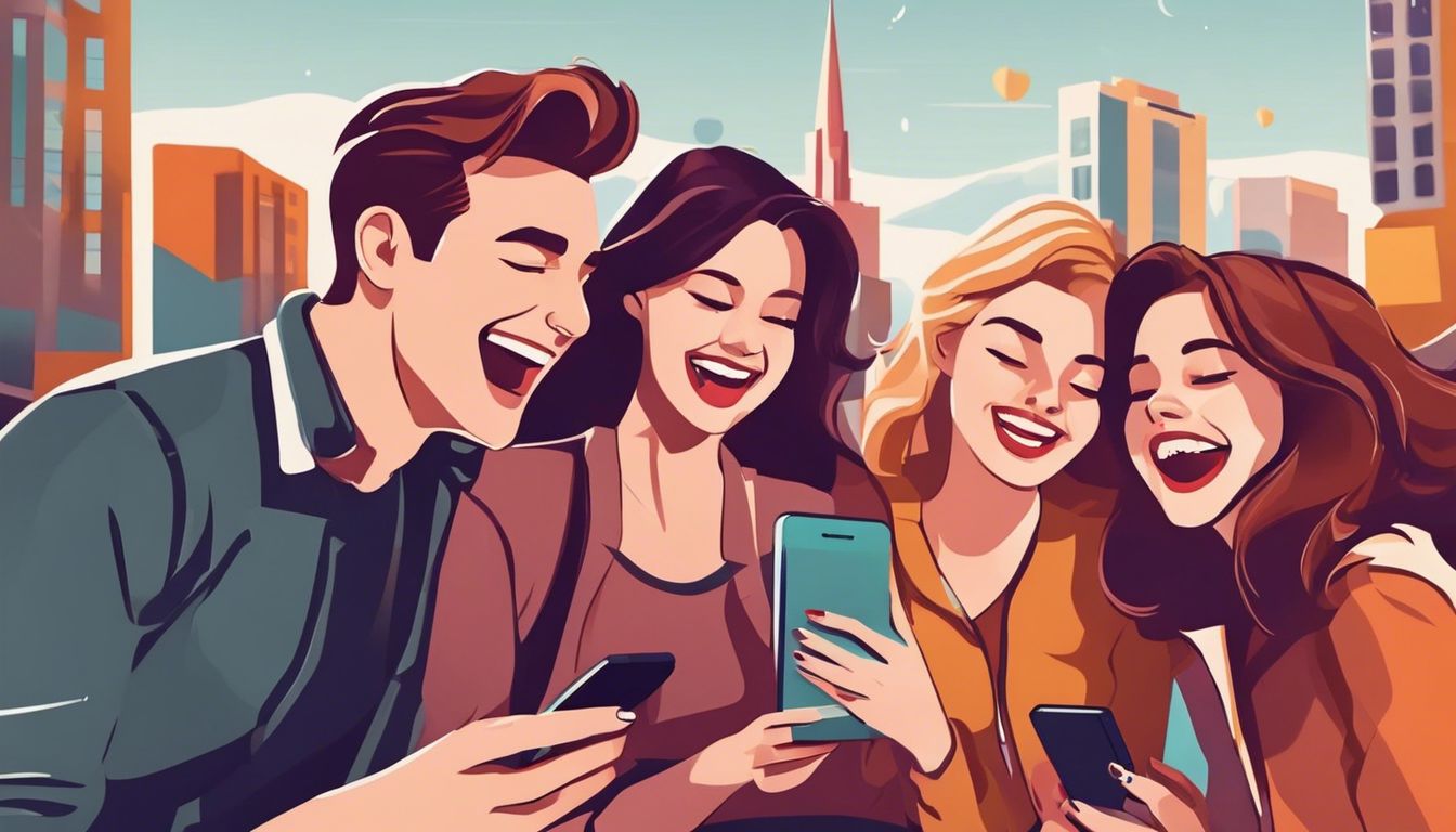 スマートフォンで楽しい動画を見ながら笑っている友達のグループ。