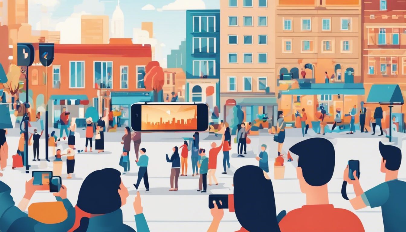 多様な人々がスマートフォンで動画を見ながら都市の賑やかな広場で交流しています。