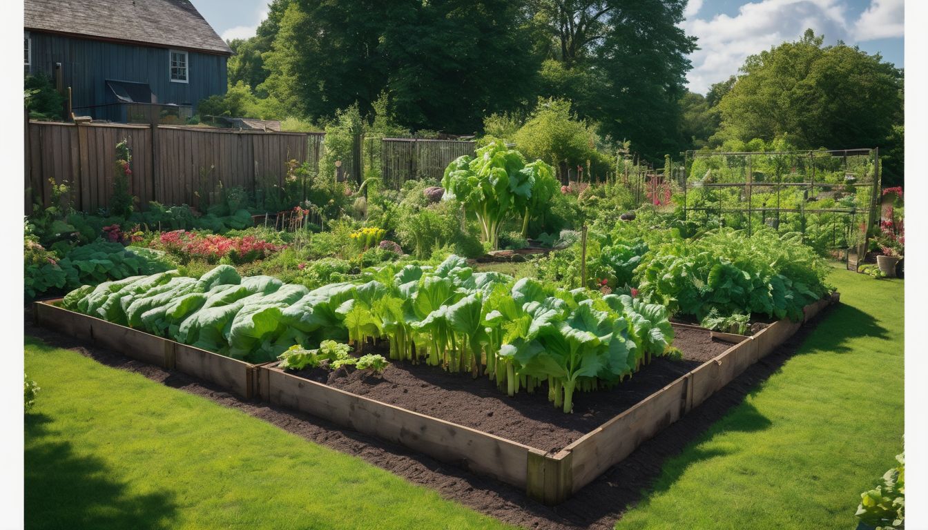 A vibrant vegetable garden with rhubarb and complementary companion plants.