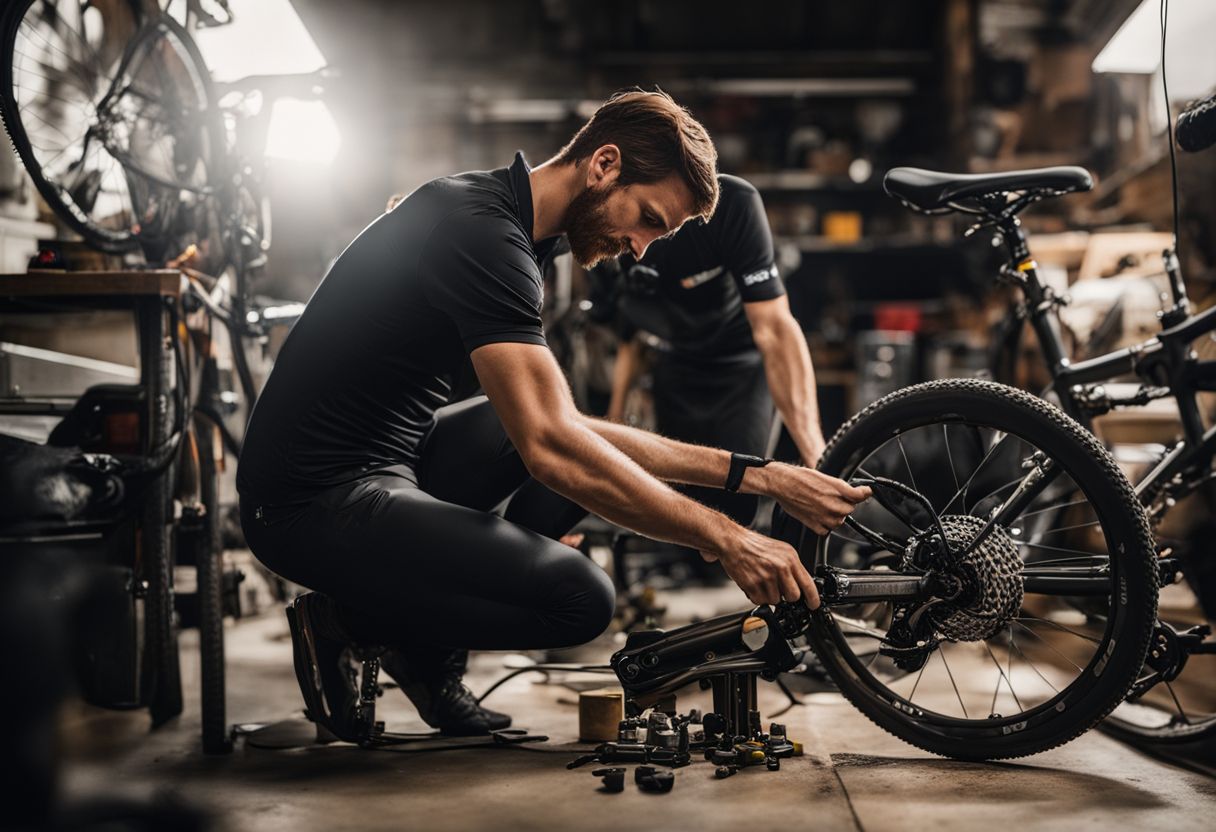 A cyclist greasing bike pedals in a workshop garage.