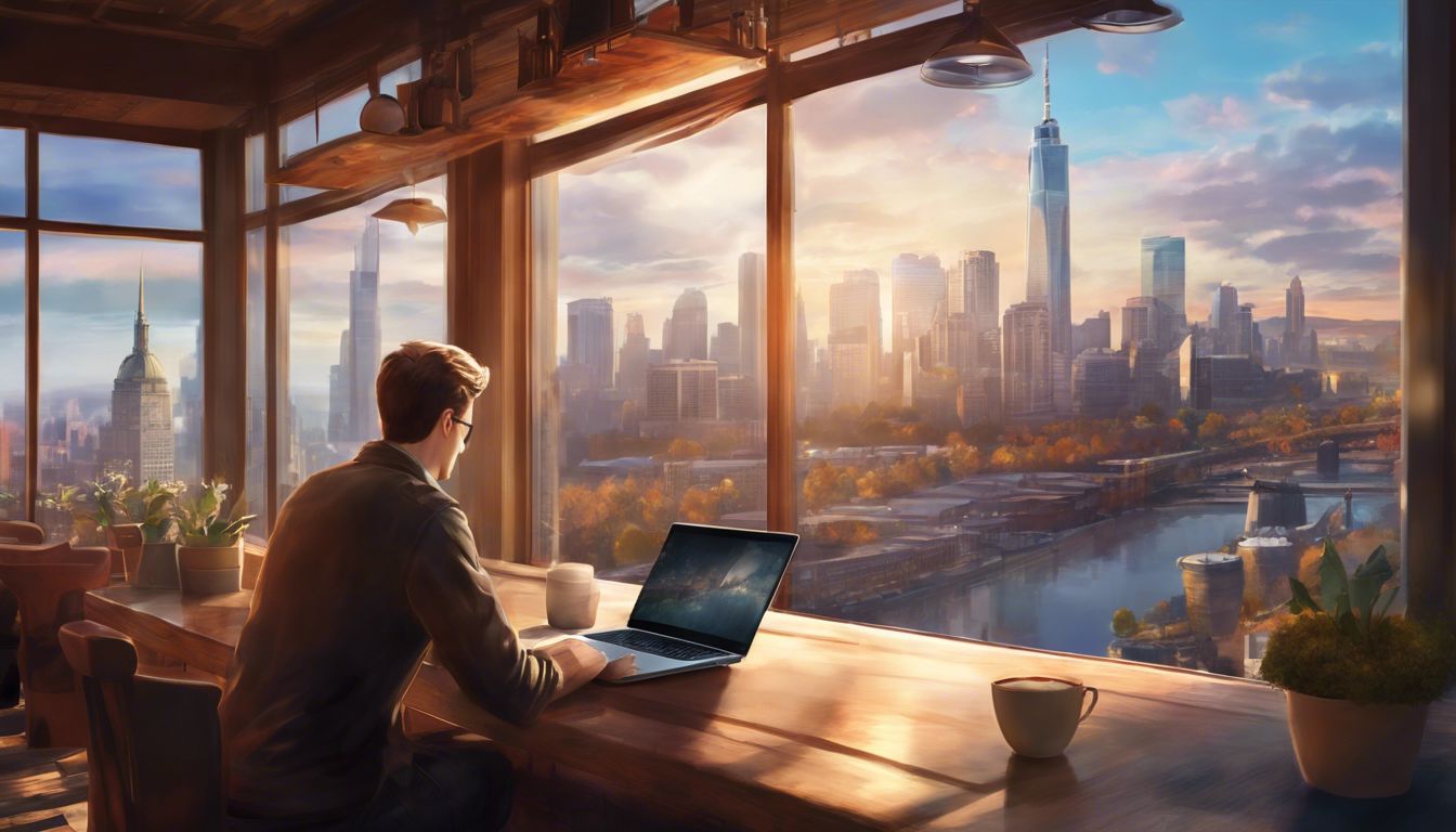 A person is working on a laptop at a cozy coffee shop with a city skyline visible through the window.