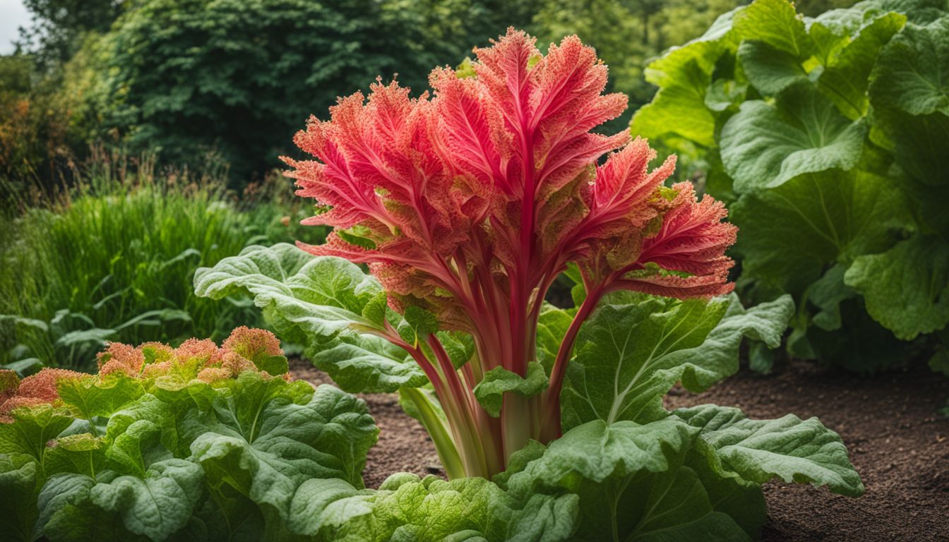 A photo of a rhubarb plant surrounded by beneficial companion plants in a garden.