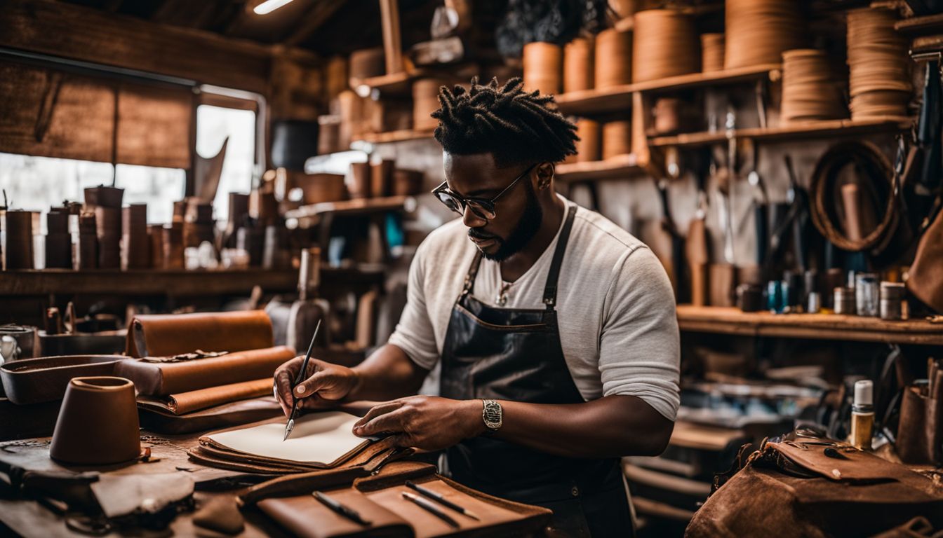 An artisan crafting personalized leather travel journals in a workshop.