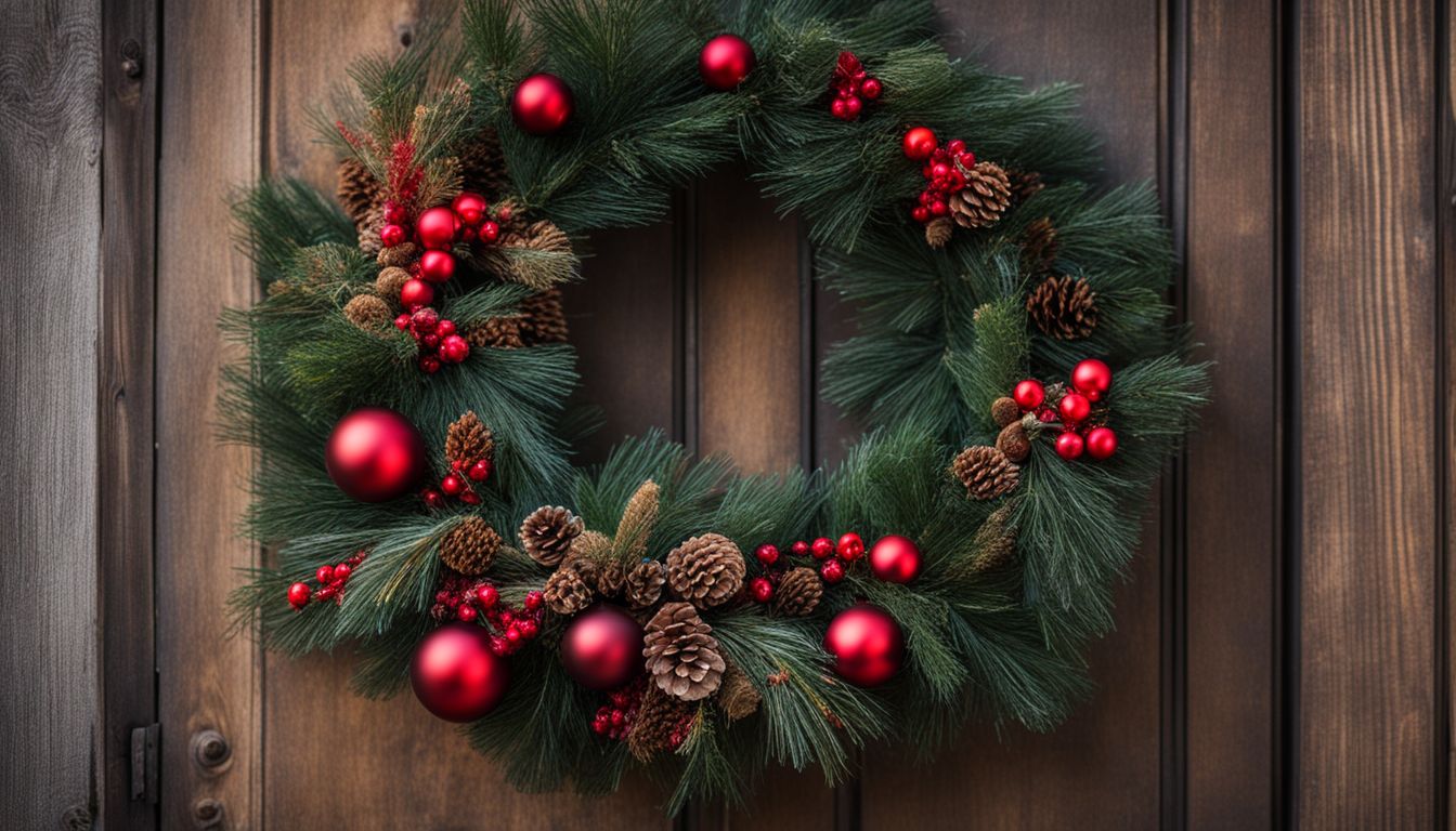 An elegant Christmas wreath on a rustic wooden door.