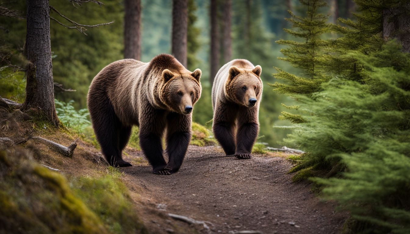 Two bears foraging in a lush forest, captured in high-quality wildlife photography.