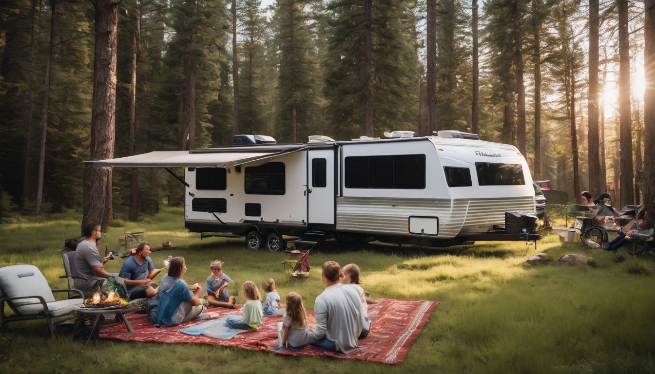 A family enjoying the outdoors in front of their spacious RV.