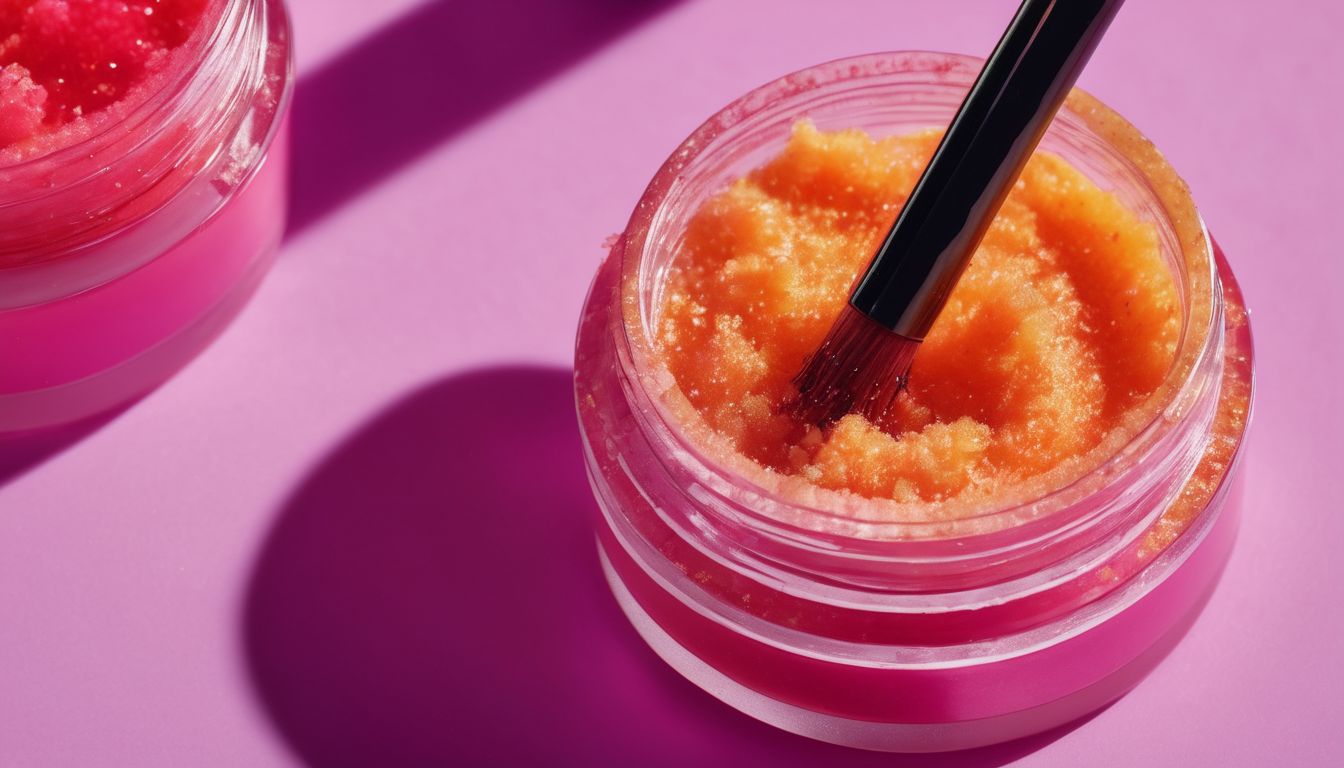 An up-close shot of a vibrant lip scrub in a beauty product setting.