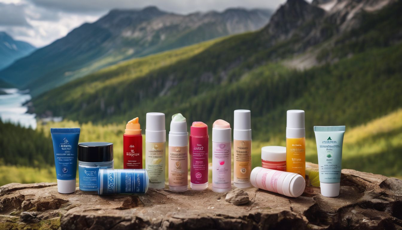 A variety of lip balms displayed against a backdrop of nature.