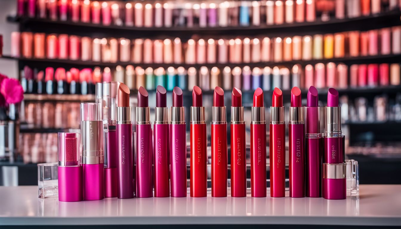 Vibrantly colored lipstick tubes arranged on a modern vanity.