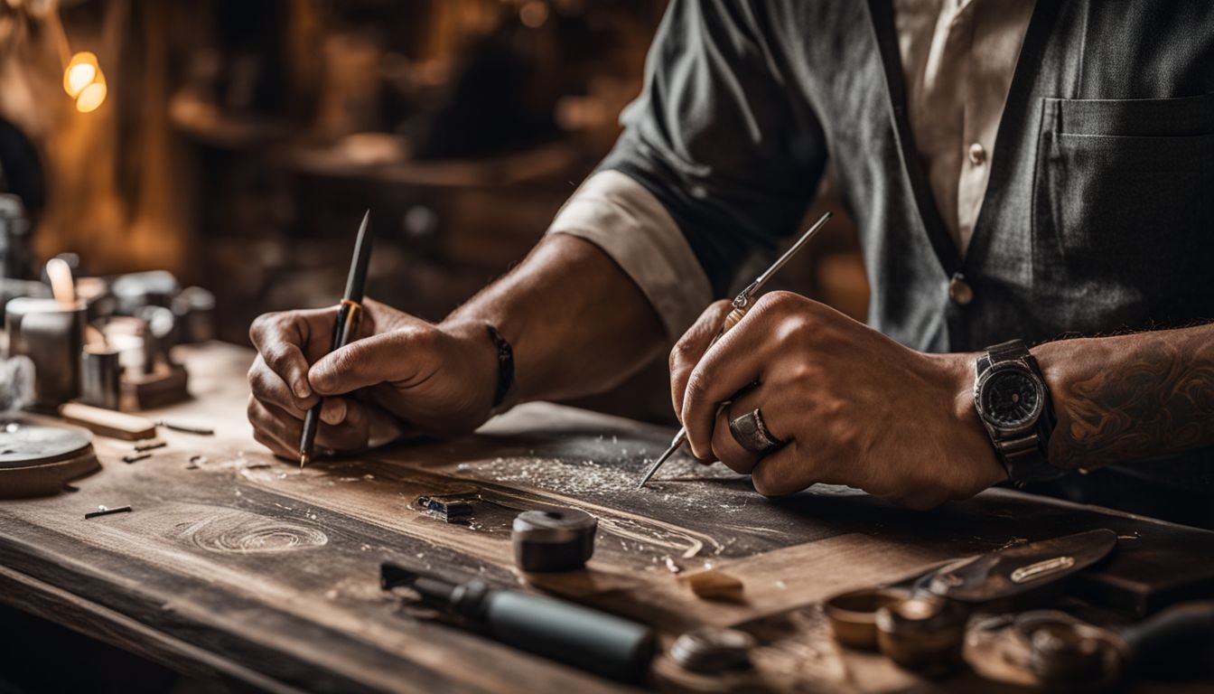 A skilled artisan engraving a wedding band with various tools.