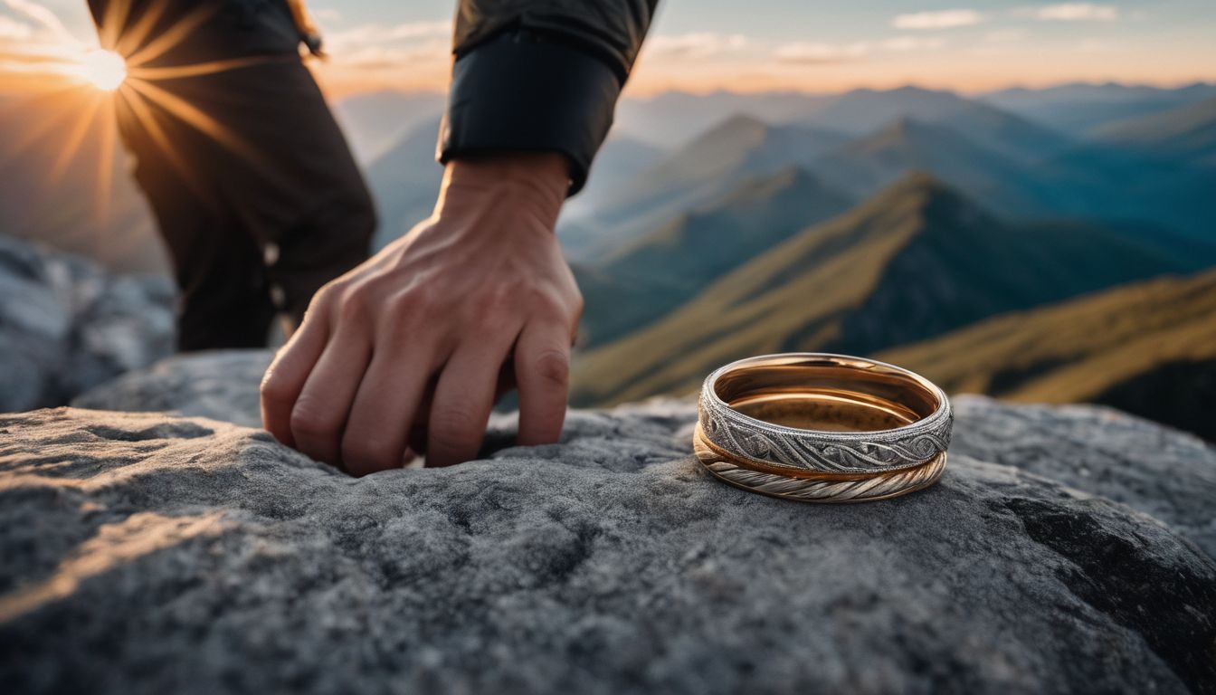 A couple's intertwined hands with engraved wedding bands on a mountain summit.