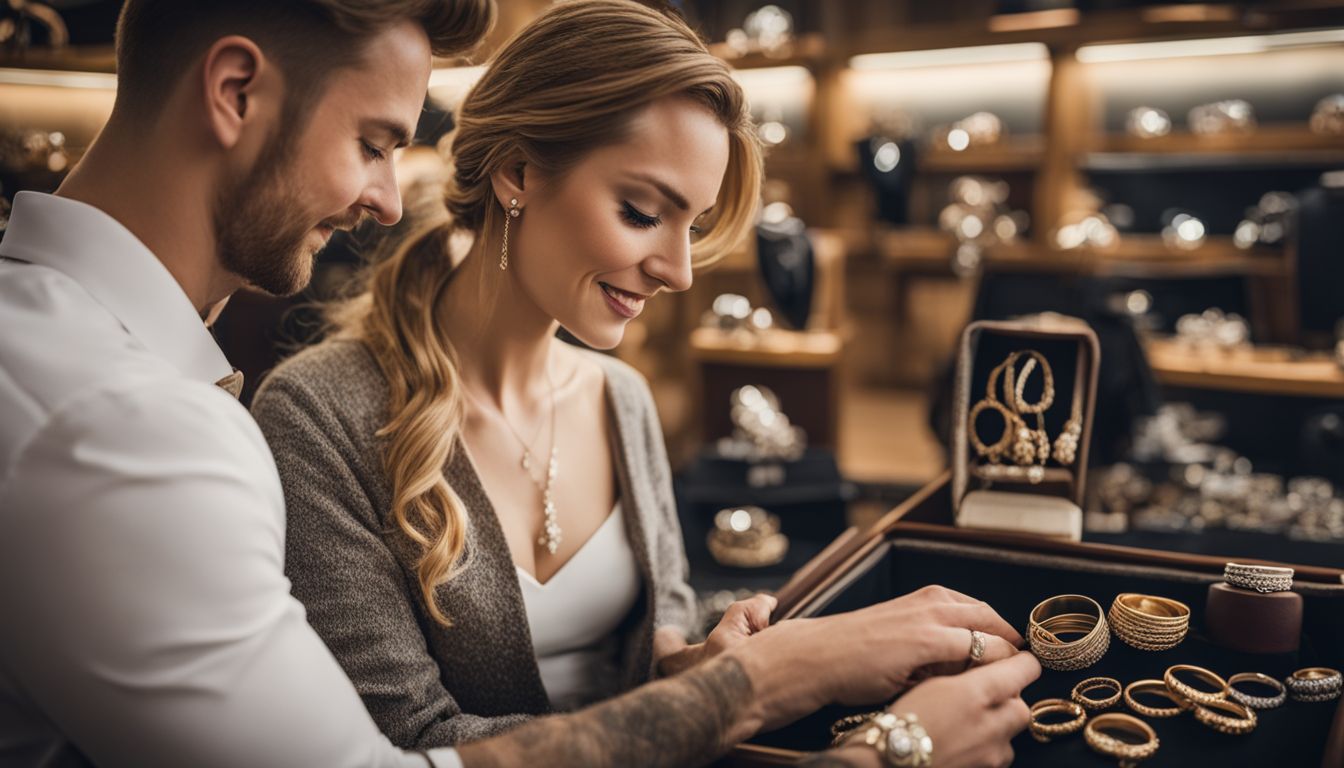 A couple shopping for wedding bands with an engraver at a jewelry store.