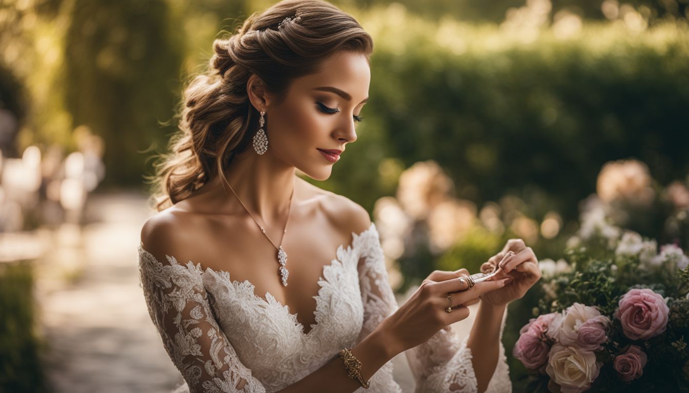 A woman gracefully admires her engraved wedding band in a romantic garden.
