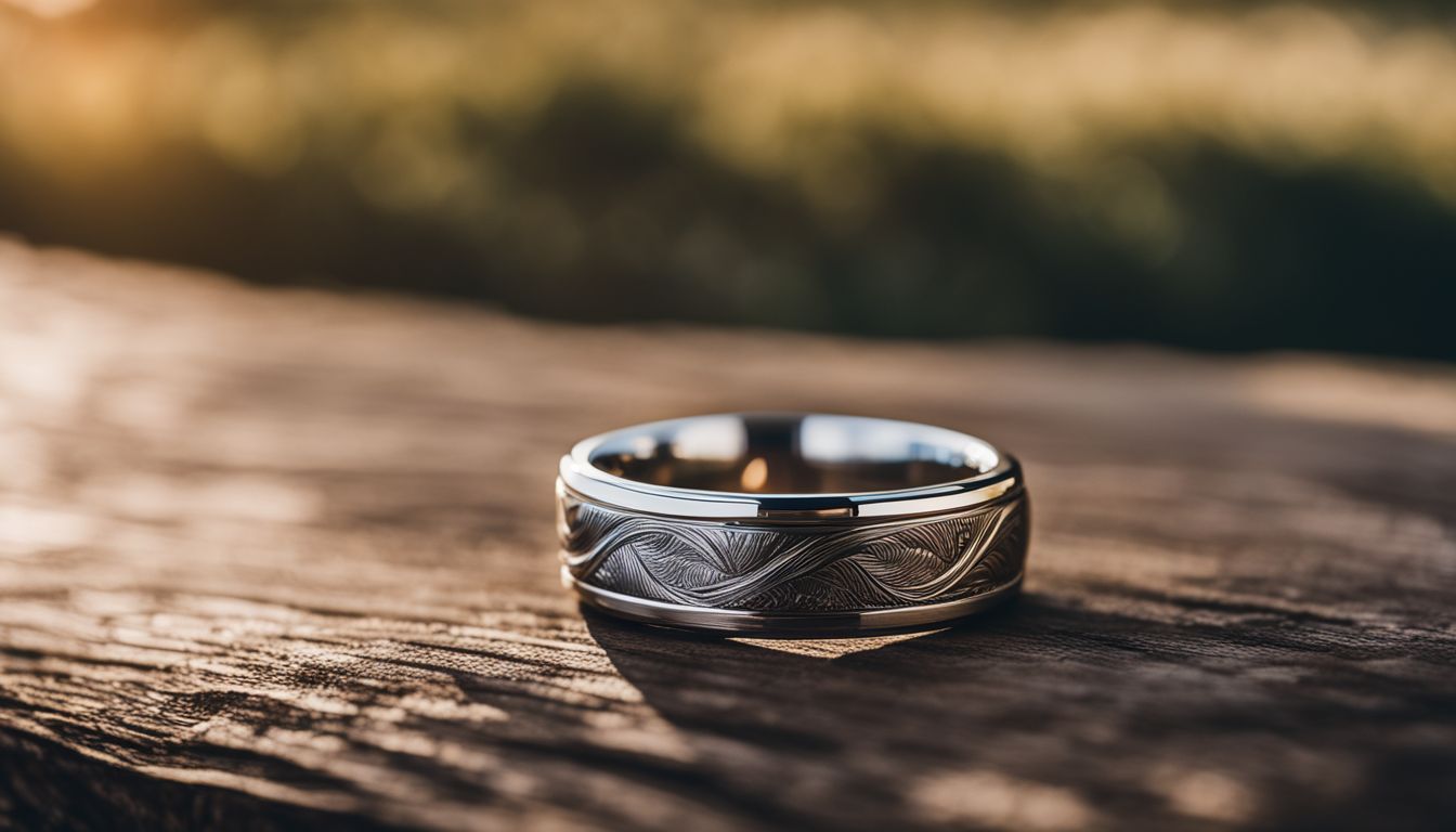 A stylish engraved wedding band displayed against a rugged outdoor background.