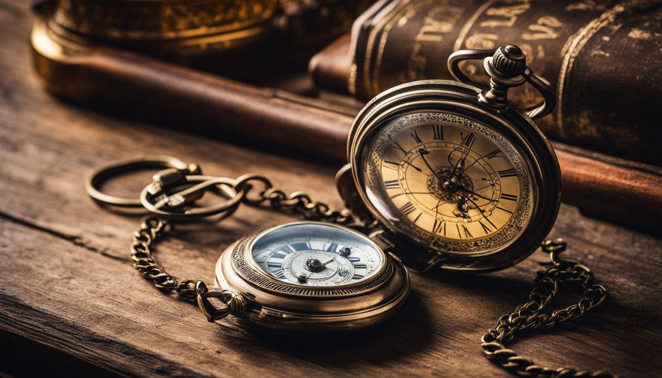 A vintage pocket watch and compass displayed on a wooden desk.