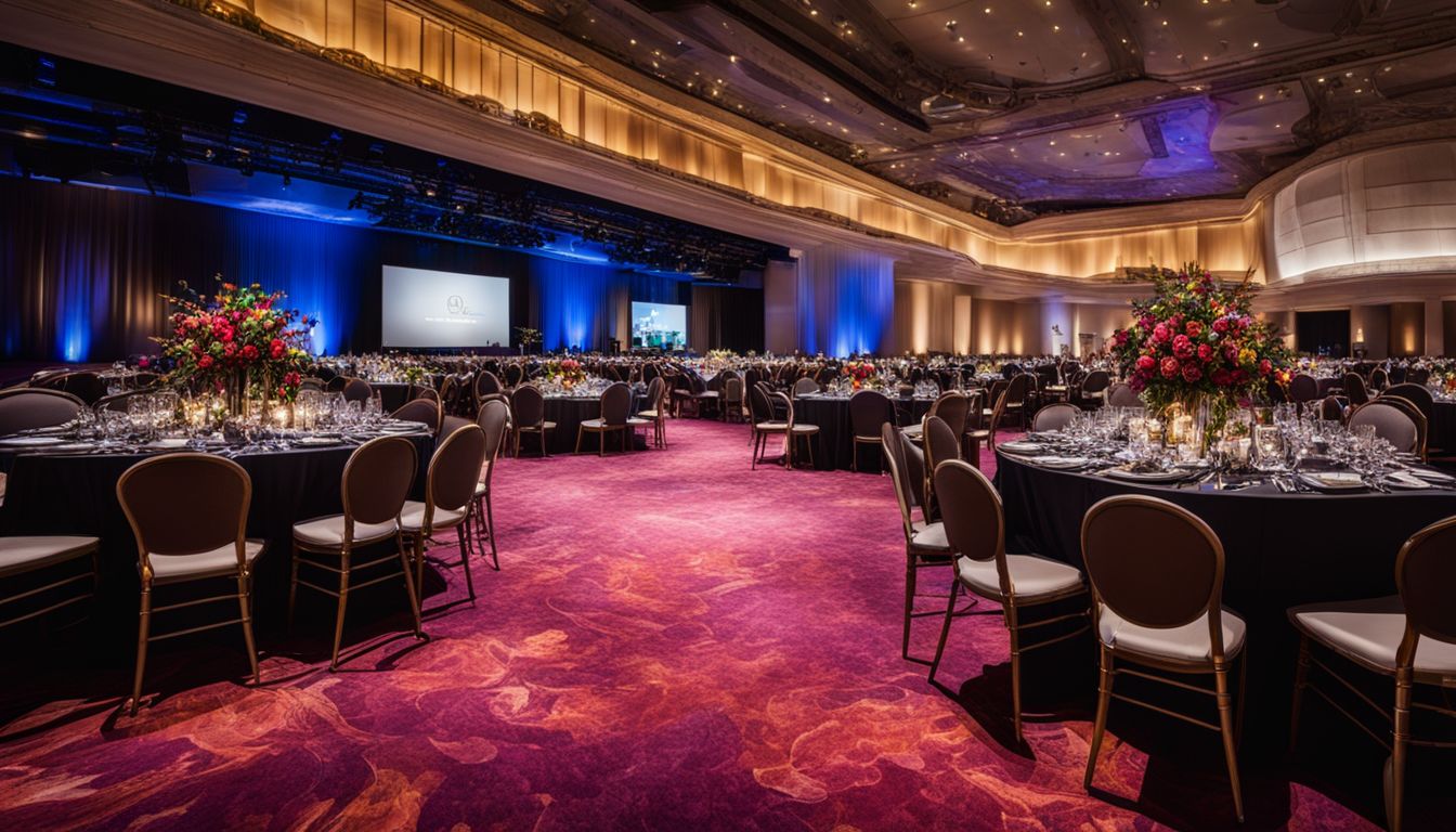 A grand convention center with elegant event furniture and bustling atmosphere.