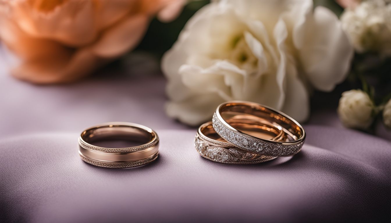 A set of intricately engraved wedding bands surrounded by delicate floral arrangements.