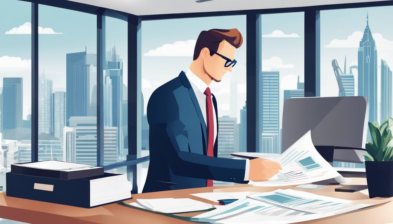 Een professionele accountant analyseert financiële documenten in een modern kantoor.