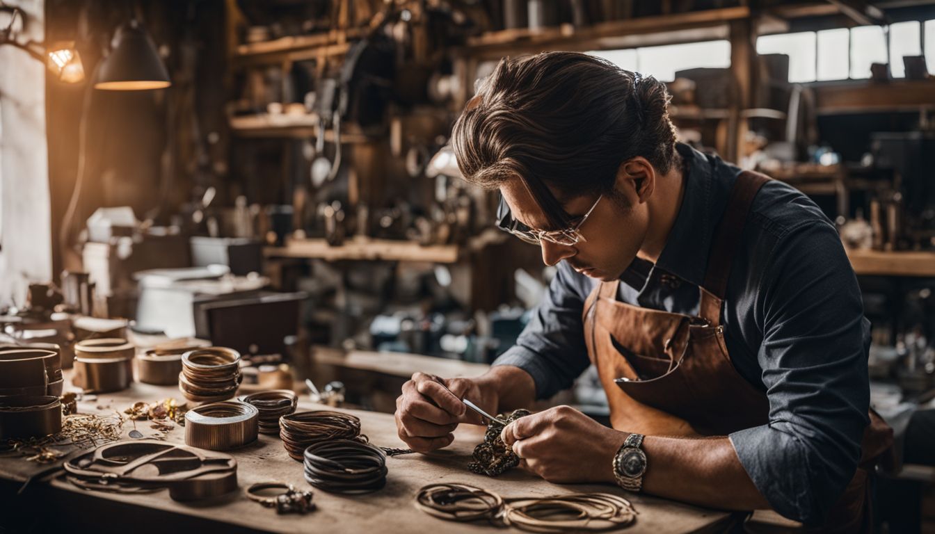 A jeweler creating wedding bands in a busy workshop.