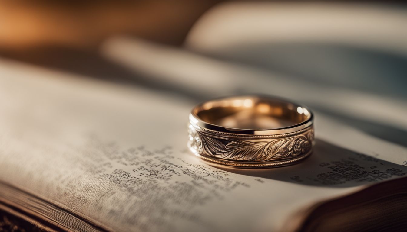 A close-up of a beautifully engraved wedding ring on a vintage book.