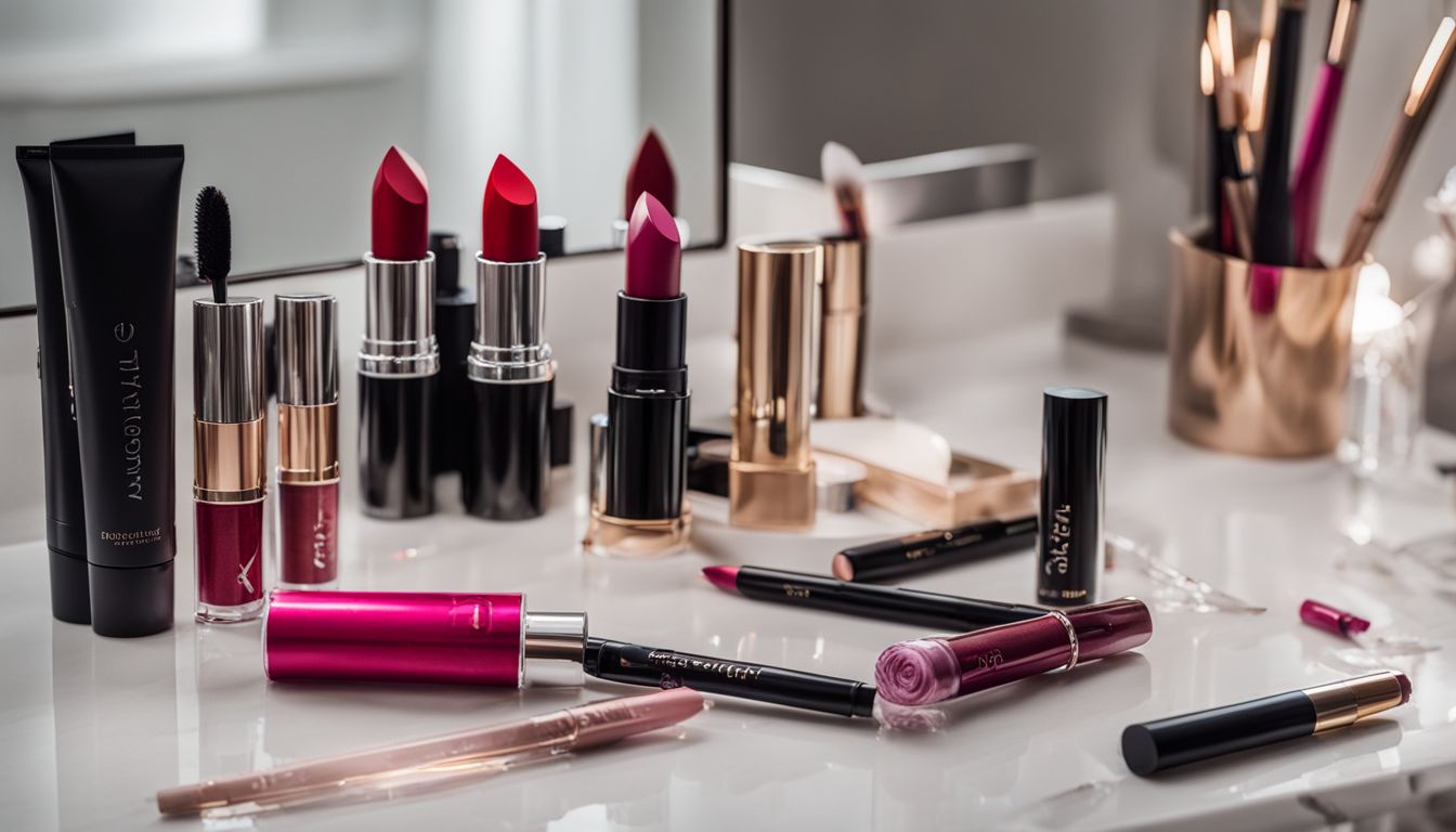 A well-organized vanity with lipstick and lip liner.