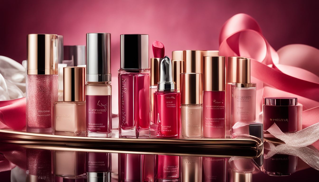 A variety of top lip glosses laid out on a stylish vanity.