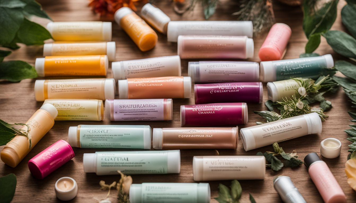 A variety of ultra-moisturizing lip balms surrounded by natural botanicals.
