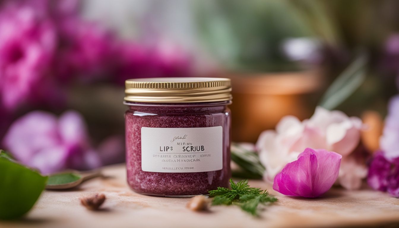 A close-up shot of a lip scrub jar surrounded by natural ingredients.