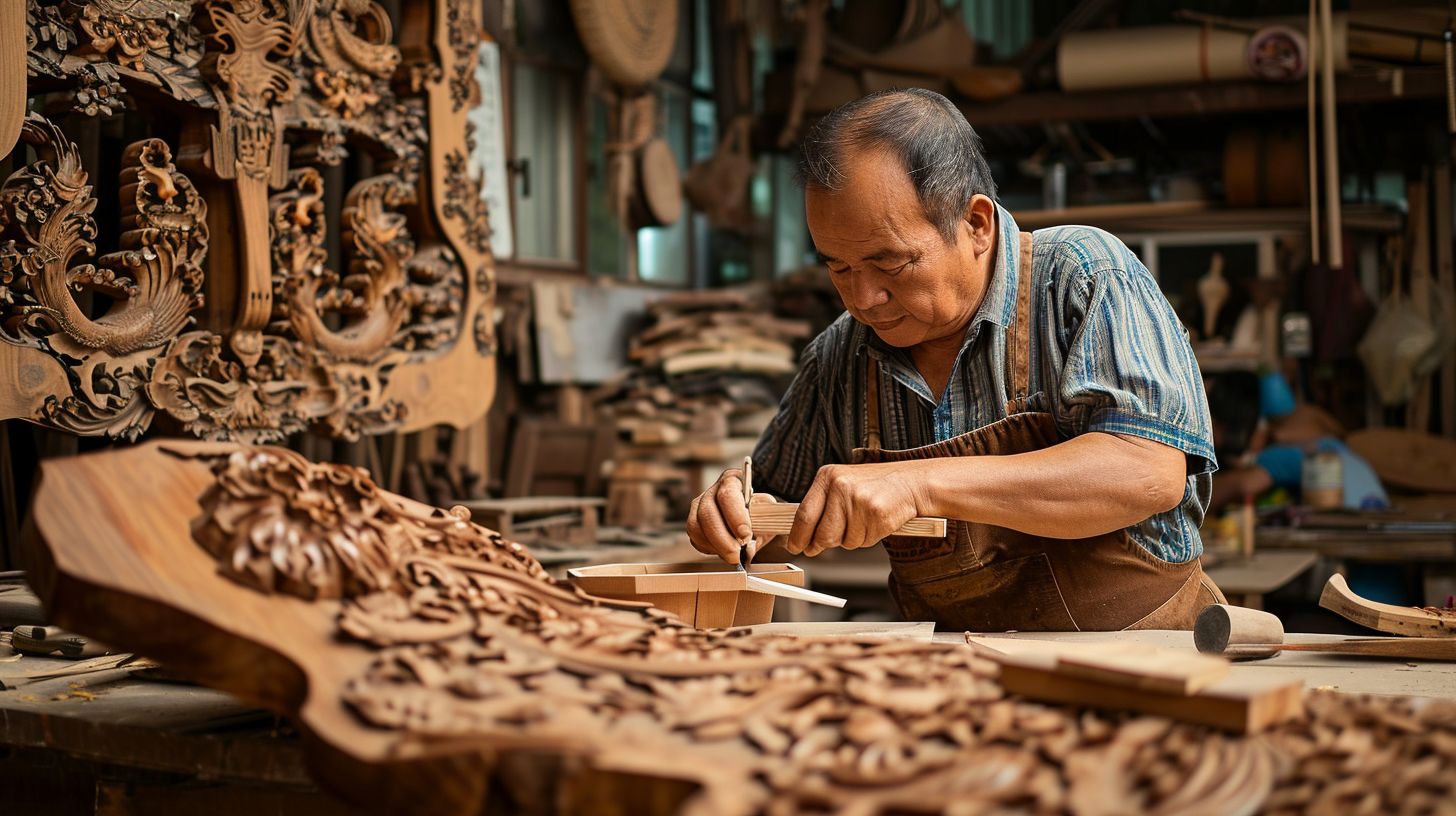 Artisans crafting intricate wooden furniture in a workshop.