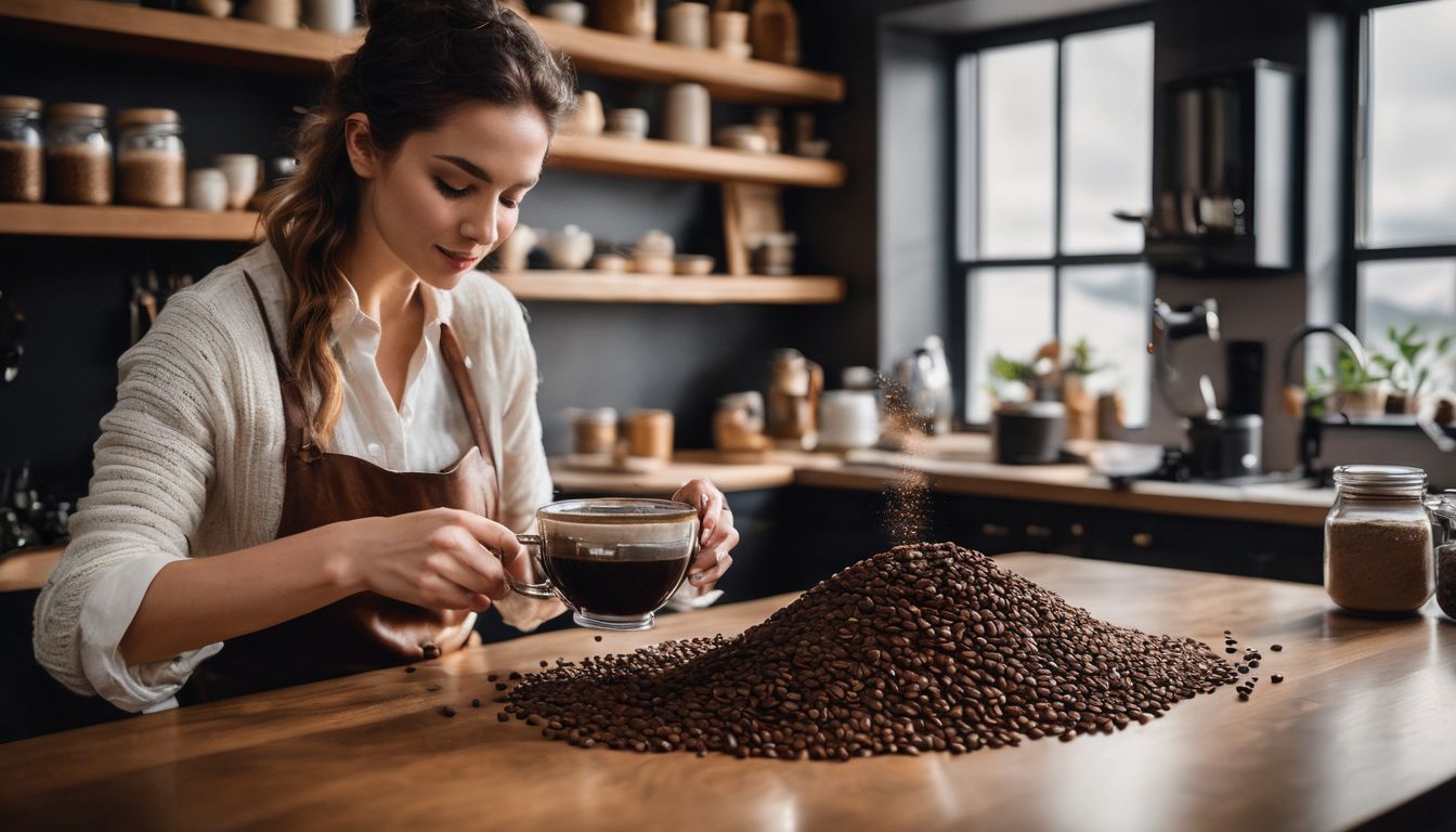A person blends coffee beans in a cozy kitchen surrounded by different types of coffee.