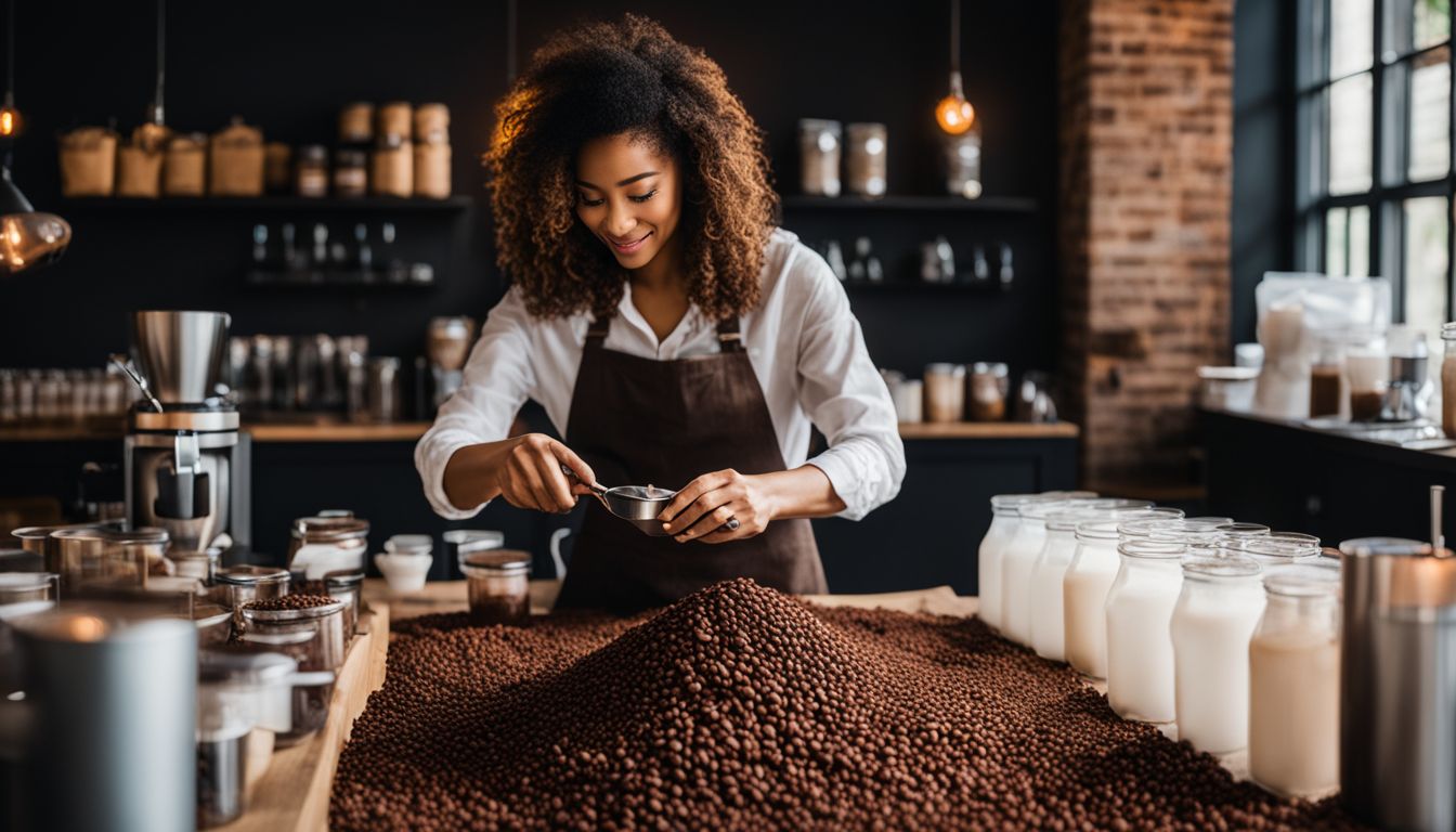 A person blends coffee surrounded by different beans in a bustling atmosphere.