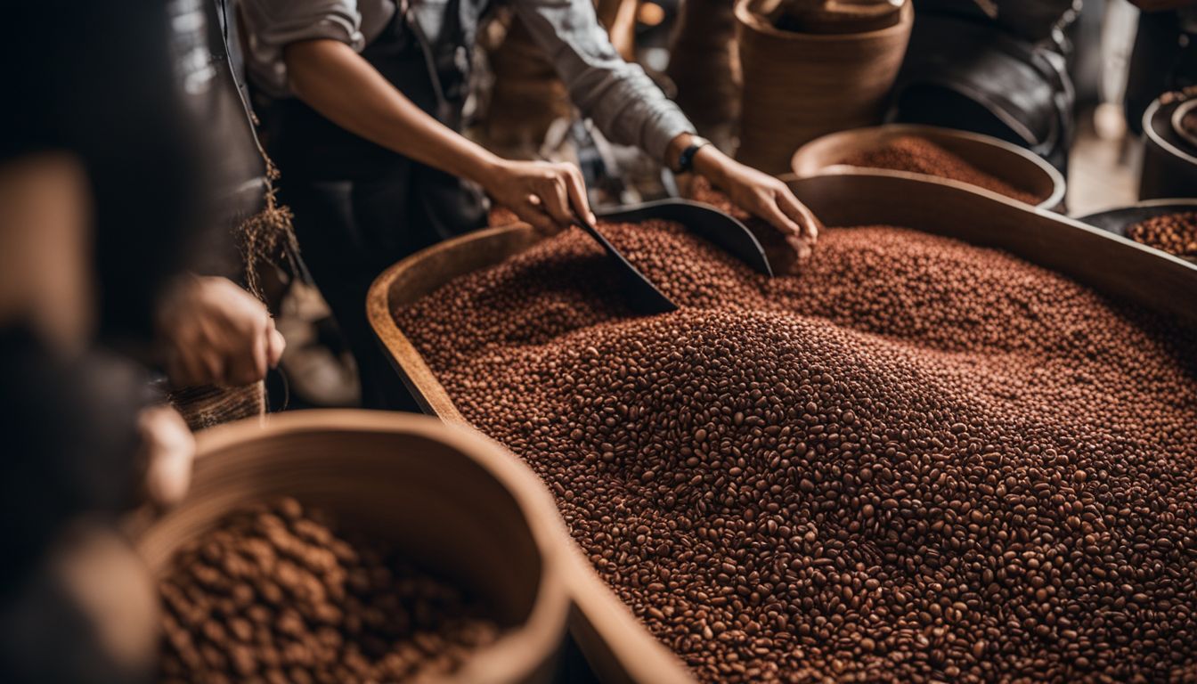 Close-up of sorting coffee beans surrounded by different bean varieties.