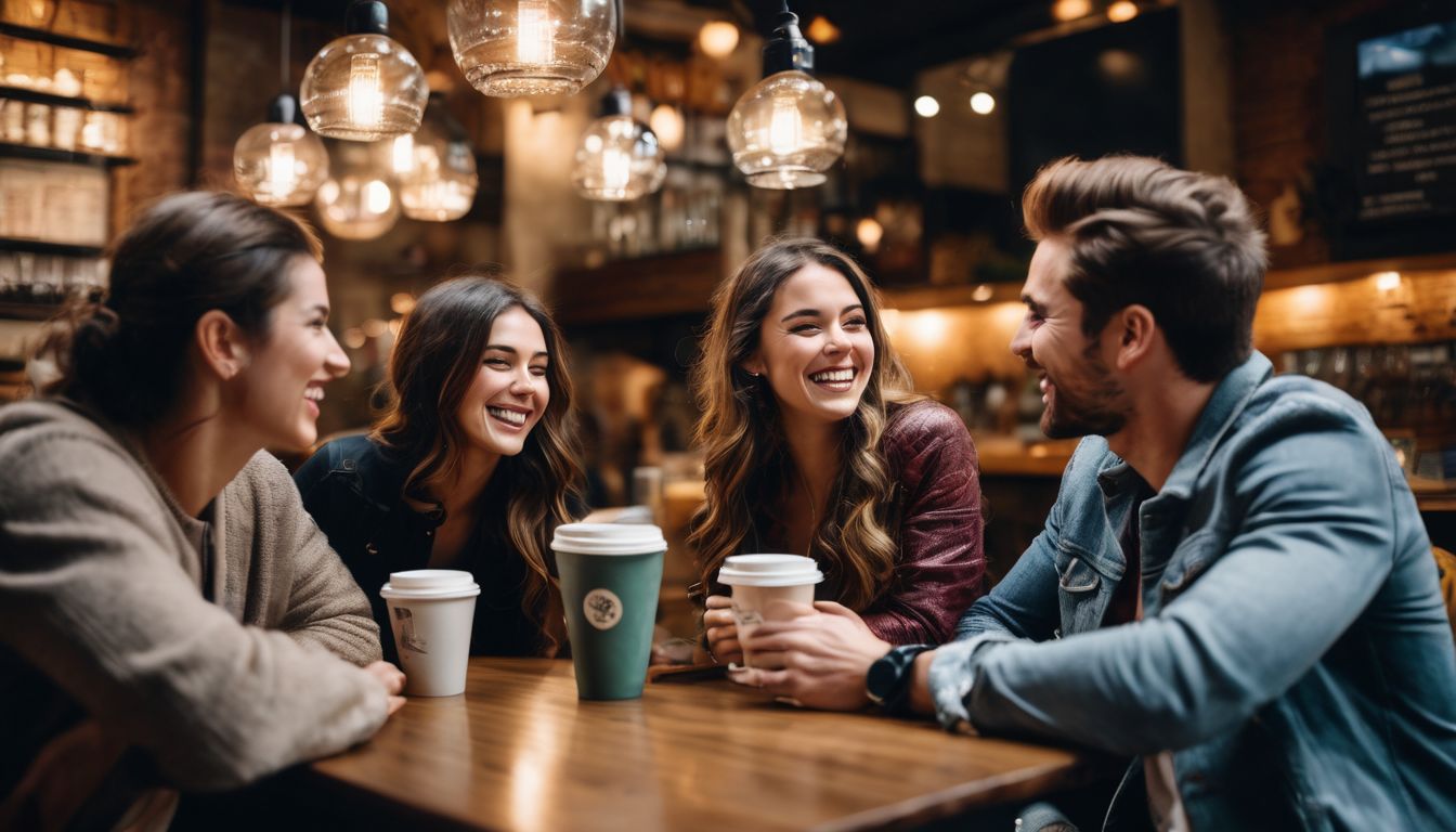 A diverse group of friends enjoying each other's company at a coffee shop.