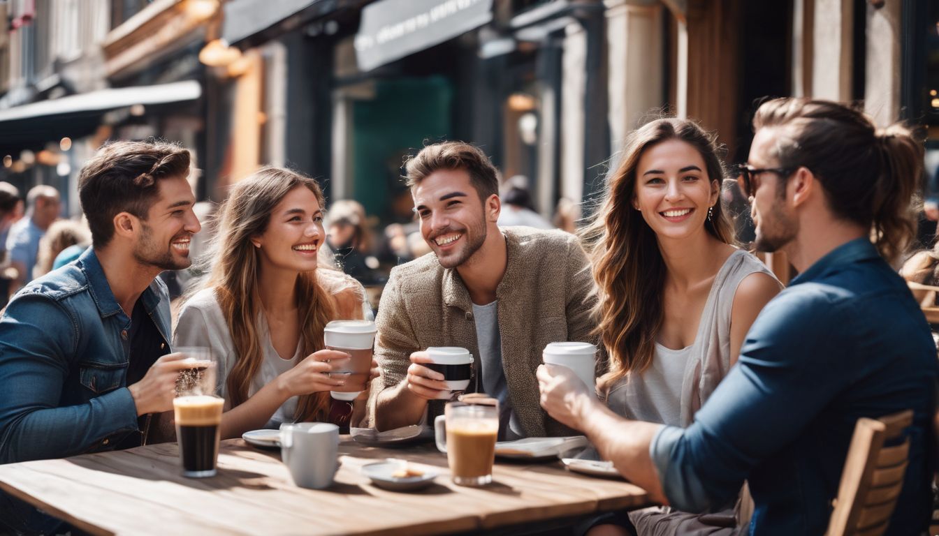 A diverse group of friends enjoying coffee at an outdoor café.