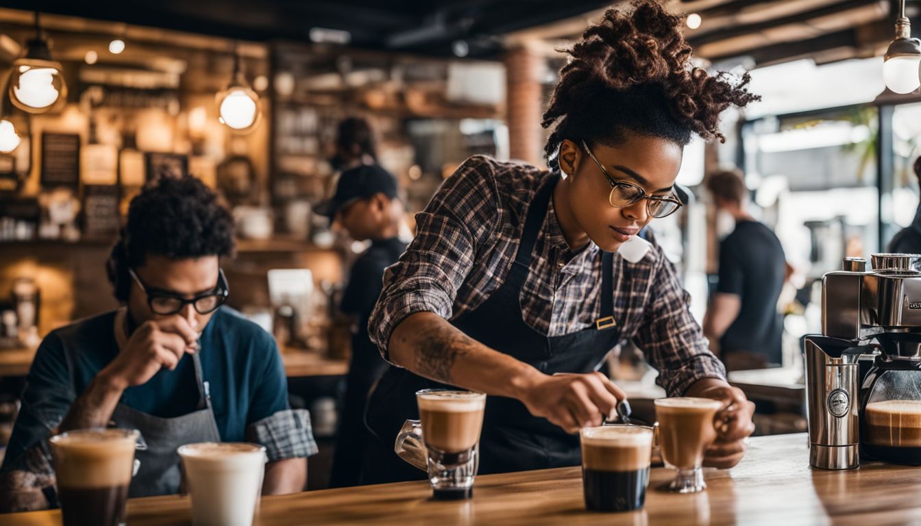 A Latte art competition at a busy coffee shop with diverse participants.