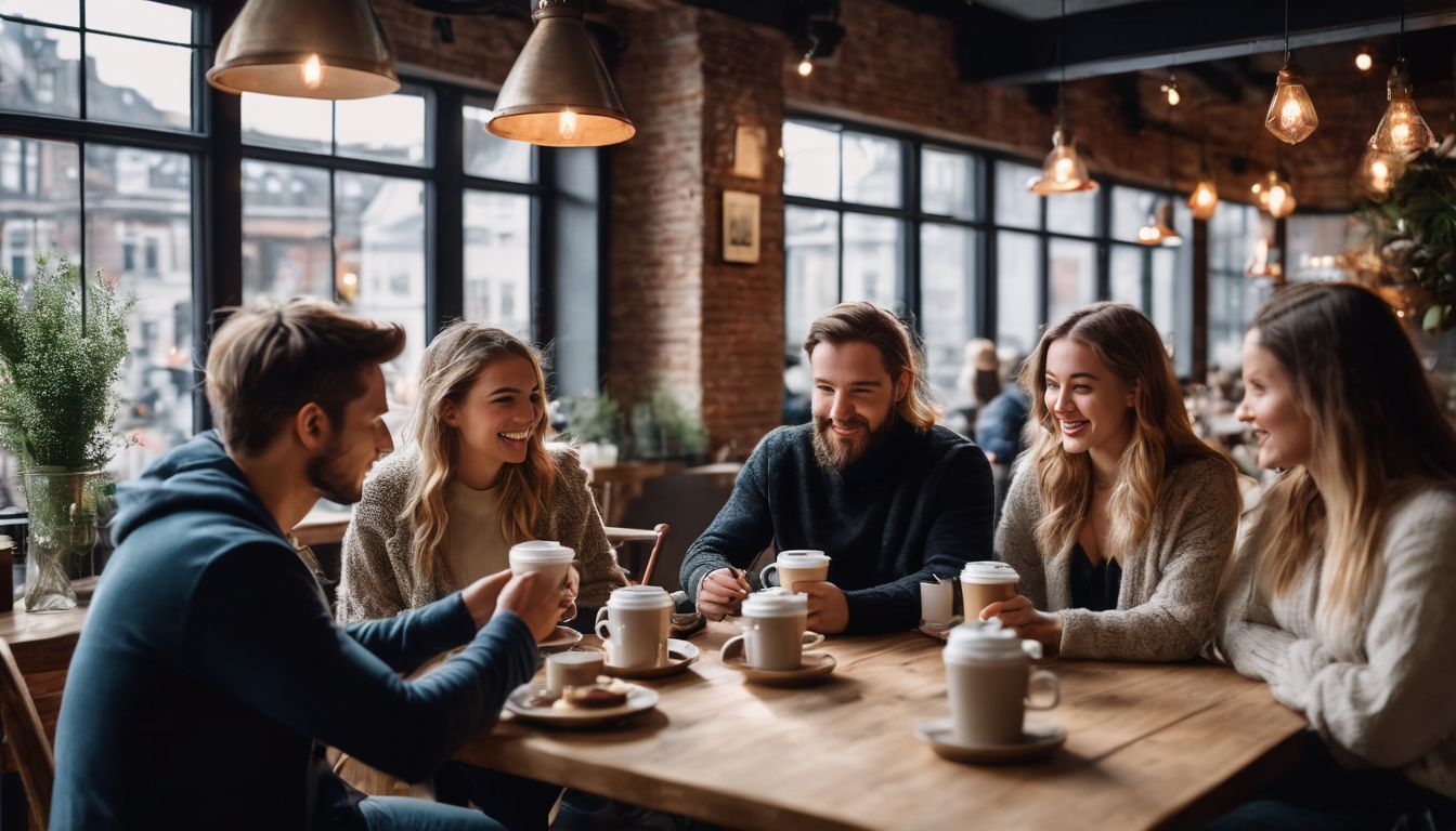 A group of friends enjoying coffee in a cozy Scandinavian cafe.