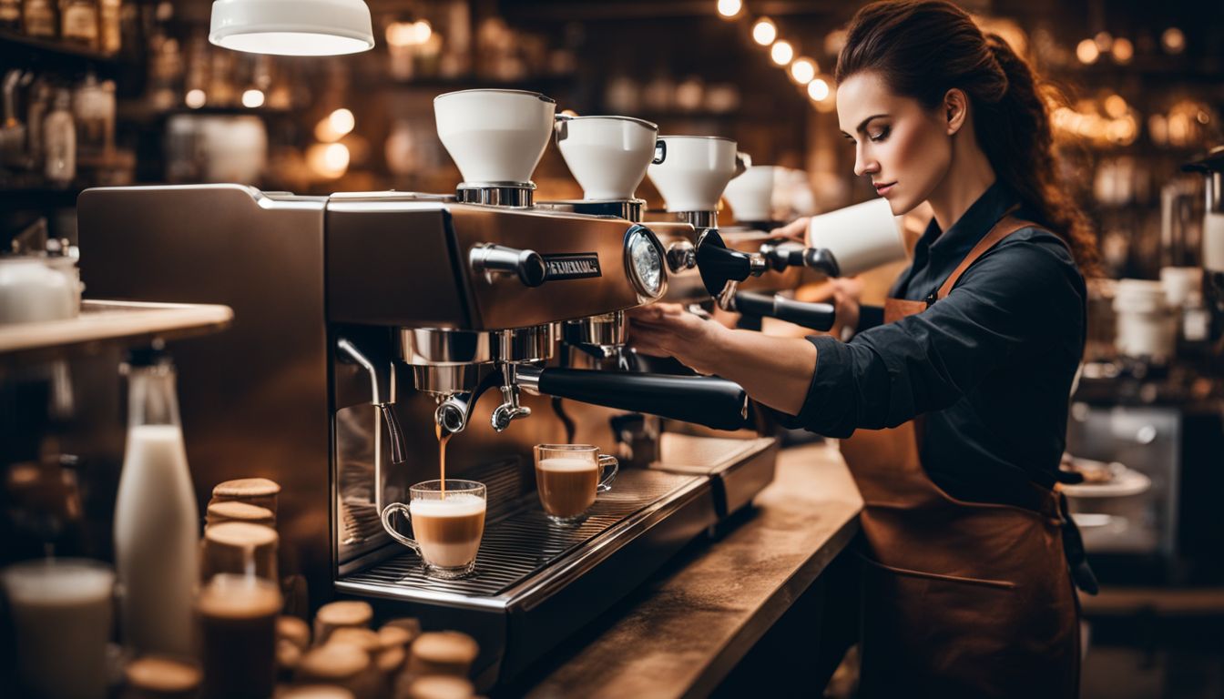 A barista making coffee in a busy café with a city backdrop.