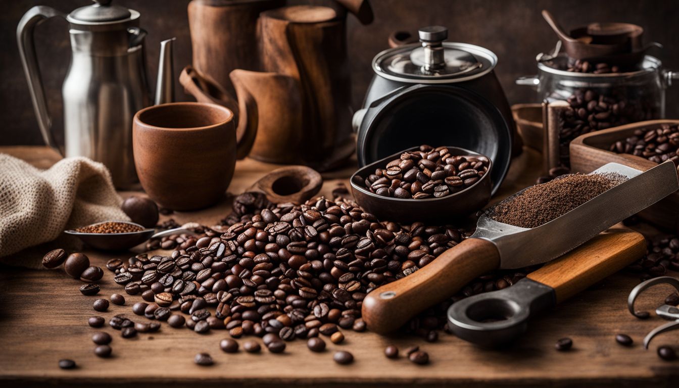 An assortment of coffee beans and tools on a rustic kitchen counter.