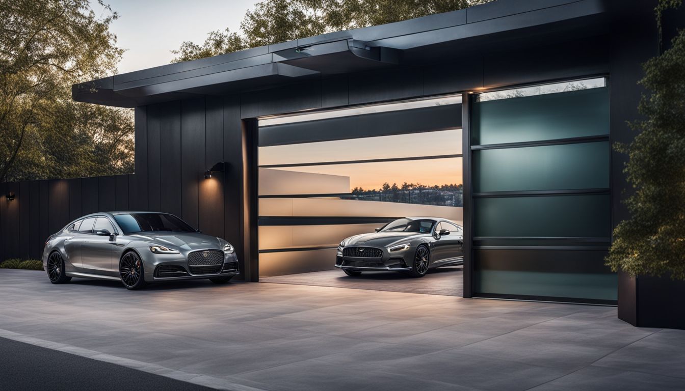A modern glass garage door in a sophisticated city setting.