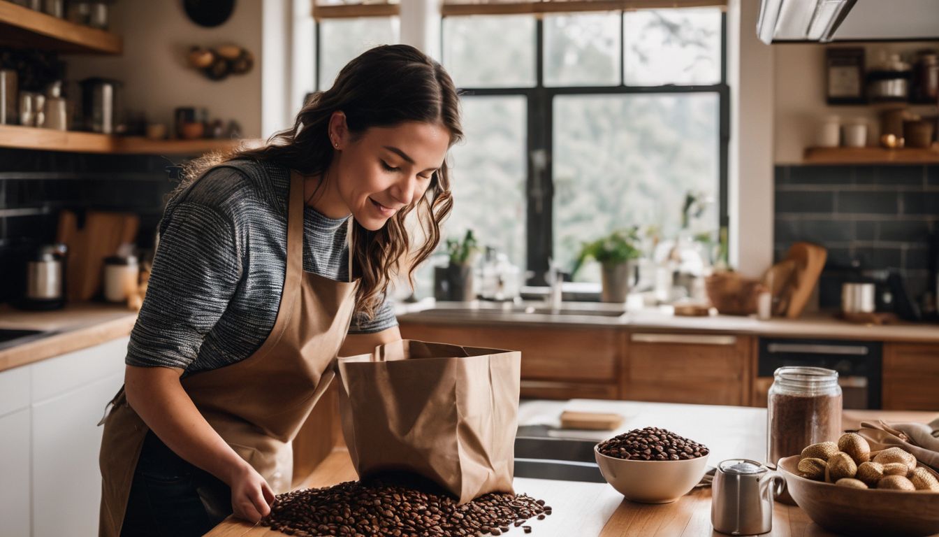 A person holding a bag of coffee beans in a cozy kitchen.