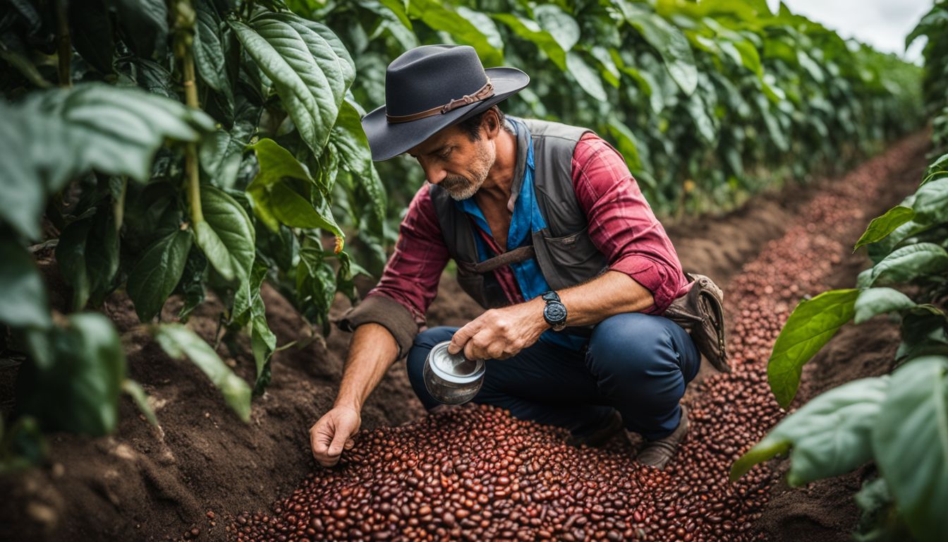 A coffee farmer inspecting rows of Arabica and Robusta coffee plants.