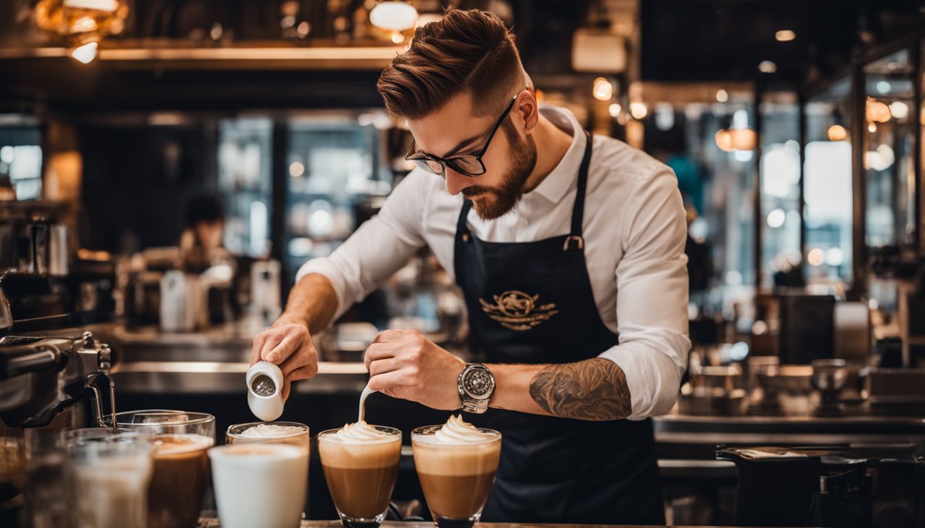A barista creates latte art in a busy coffee shop.