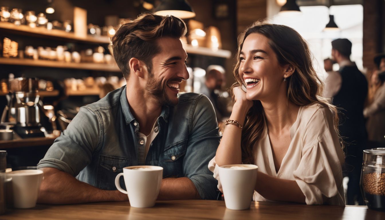 A man and woman laughing in a coffee shop surrounded by coffee beans.